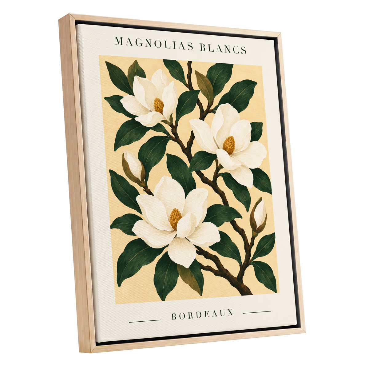 Magnolias of Bordeaux, green, white, beige floral wall art shown as a oak framed canvas wall art