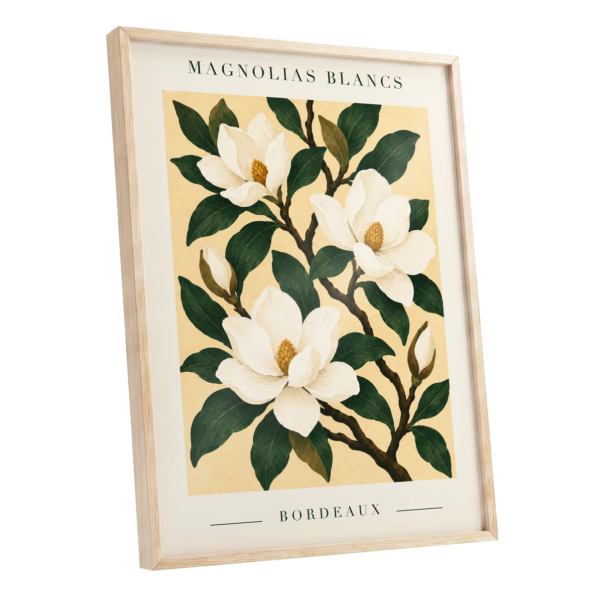Magnolias of Bordeaux, green, white, beige floral wall art shown as a oak framed poster wall art print