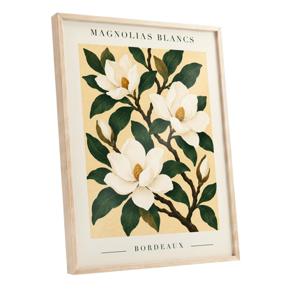 Magnolias of Bordeaux, green, white, beige floral wall art shown as a oak framed poster wall art print