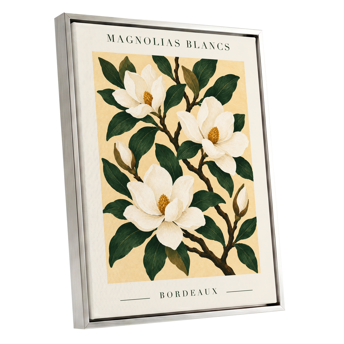 Magnolias of Bordeaux, green, white, beige floral wall art shown as a silver framed canvas wall art