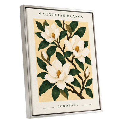 Magnolias of Bordeaux, green, white, beige floral wall art shown as a silver framed canvas wall art