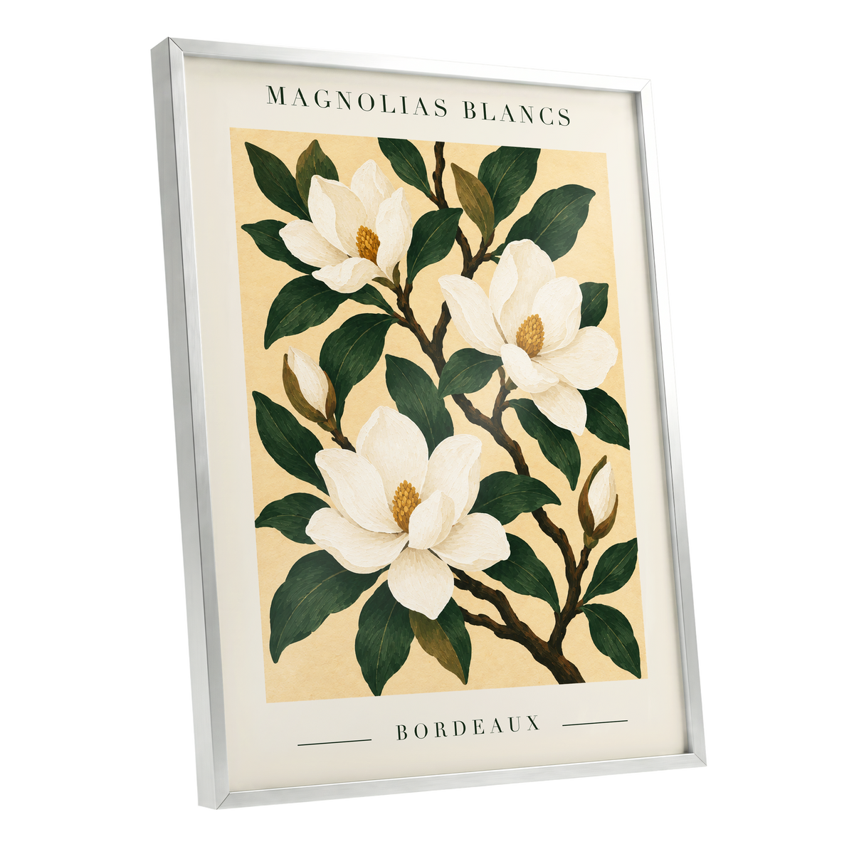 Magnolias of Bordeaux, green, white, beige floral wall art shown as a silver framed poster wall art print