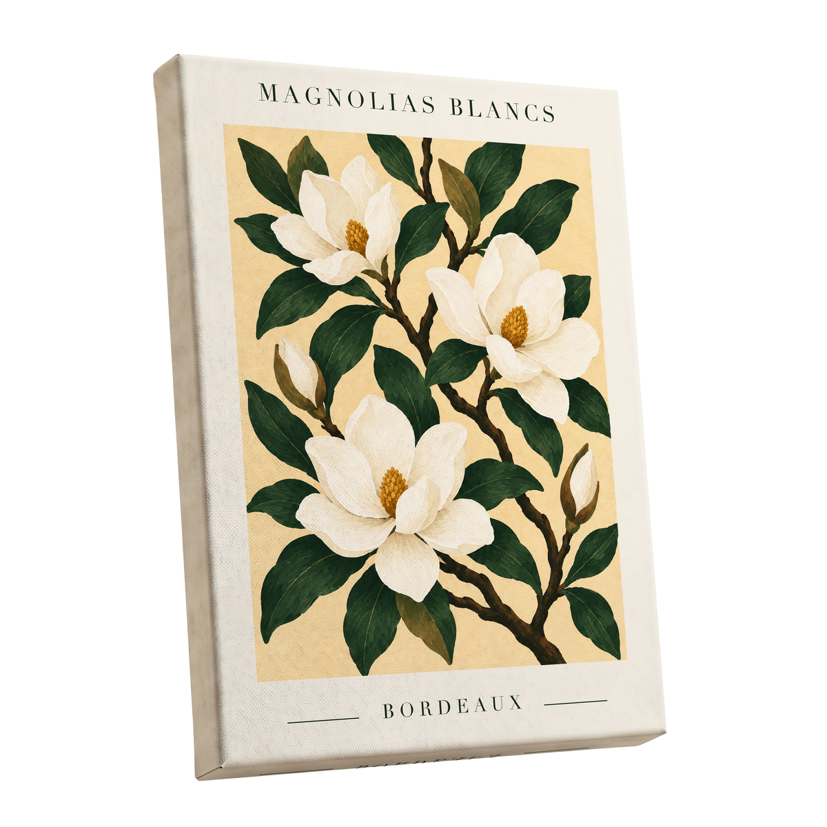 Magnolias of Bordeaux, green, white, beige floral wall art shown as a stretched canvas wall art