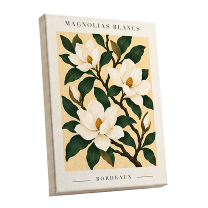 Magnolias of Bordeaux, green, white, beige floral wall art shown as a stretched canvas wall art