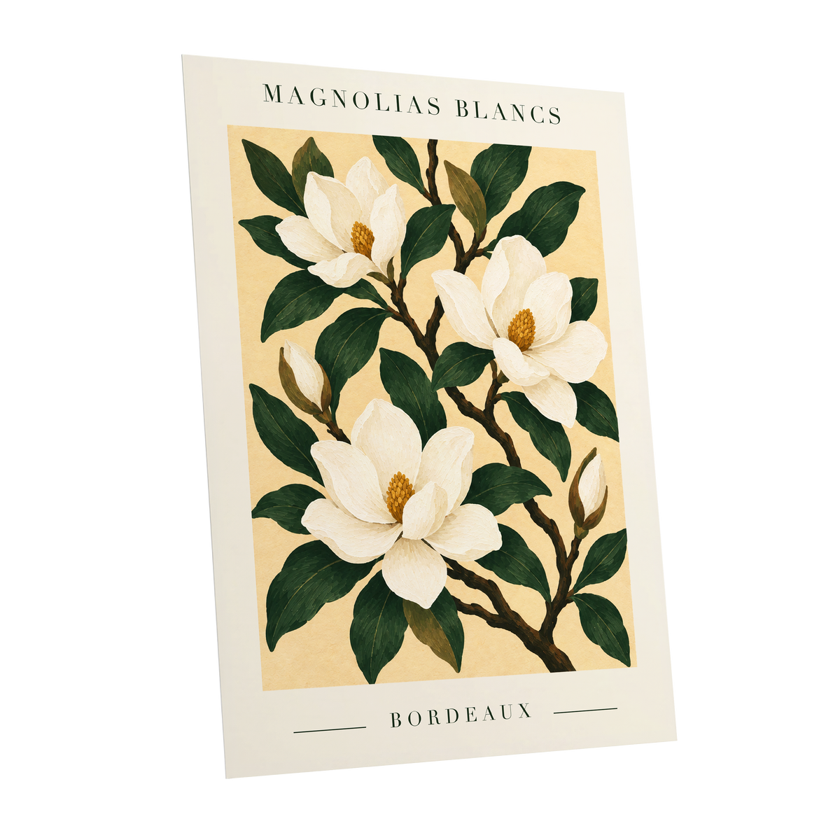 Magnolias of Bordeaux, green, white, beige floral wall art shown as a unframed poster wall art print