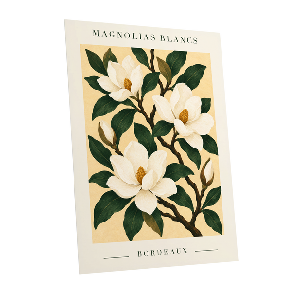Magnolias of Bordeaux, green, white, beige floral wall art shown as a unframed poster wall art print