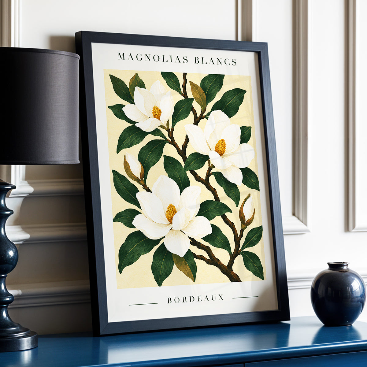 Magnolias of Bordeaux, green, white, beige floral wall art displayed in a styled interior, gallery view 2