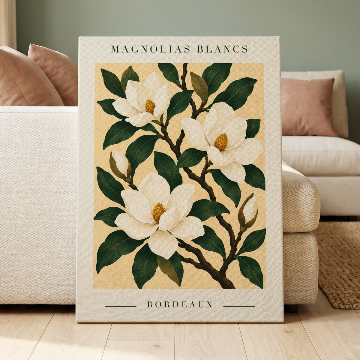 Magnolias of Bordeaux, green, white, beige floral wall art displayed in a styled interior, gallery view 3