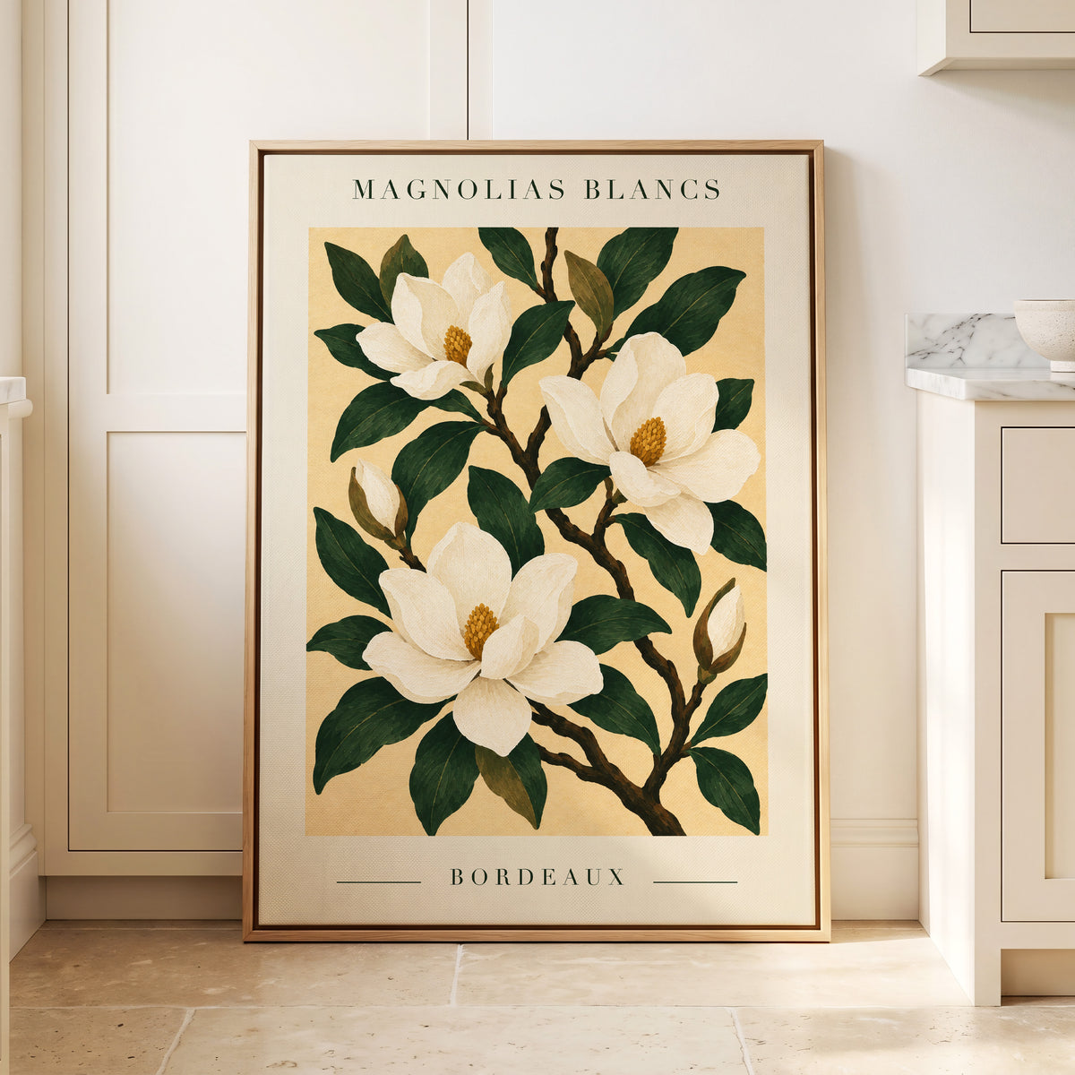Magnolias of Bordeaux, green, white, beige floral wall art displayed in a styled interior, gallery view 4