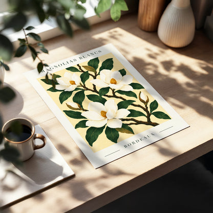 Magnolias of Bordeaux, green, white, beige floral wall art displayed in a styled interior, gallery view 5