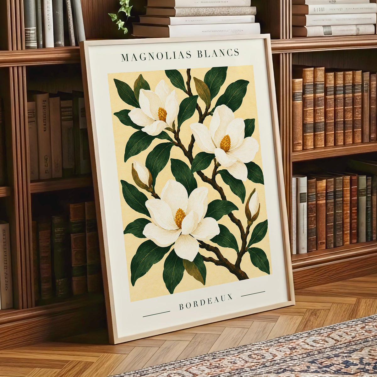 Magnolias of Bordeaux, green, white, beige floral wall art displayed in a styled interior, gallery view 6