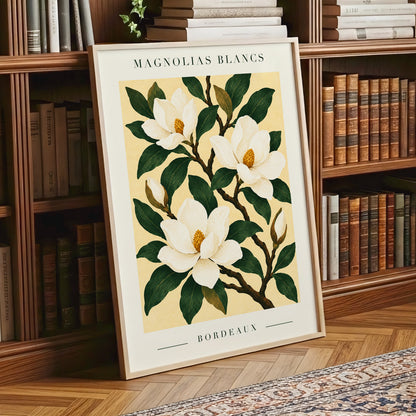 Magnolias of Bordeaux, green, white, beige floral wall art displayed in a styled interior, gallery view 6