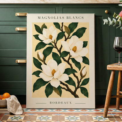 Magnolias of Bordeaux, green, white, beige floral wall art displayed in a styled interior, gallery view 7