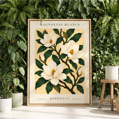Magnolias of Bordeaux, green, white, beige floral wall art displayed in a styled interior, gallery view 8