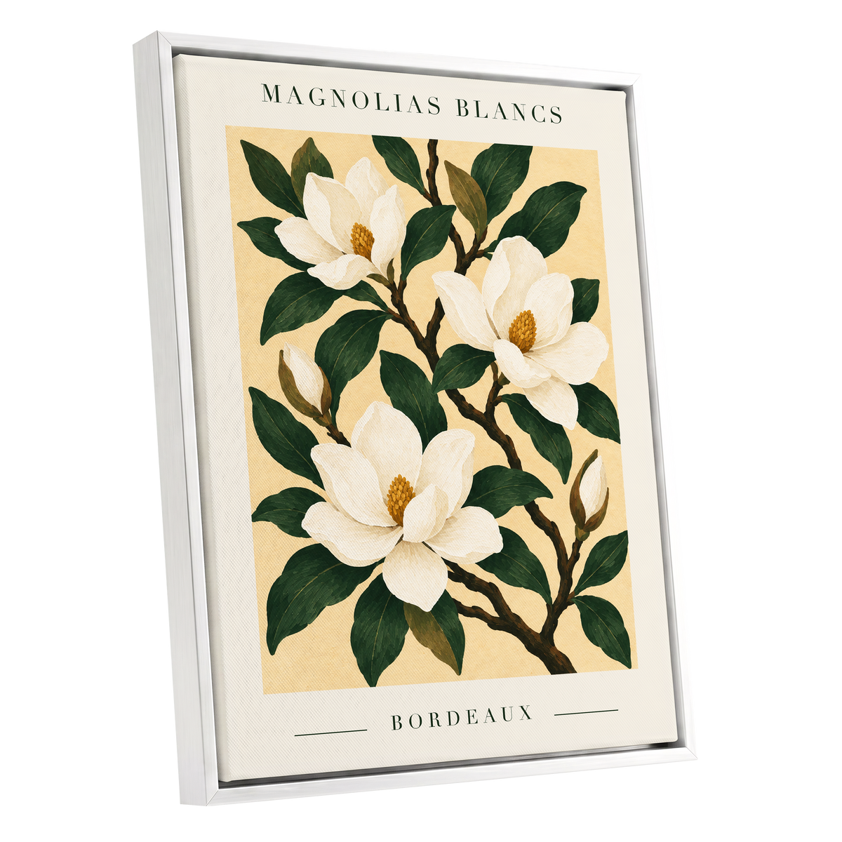 Magnolias of Bordeaux, green, white, beige floral wall art shown as a white framed canvas wall art