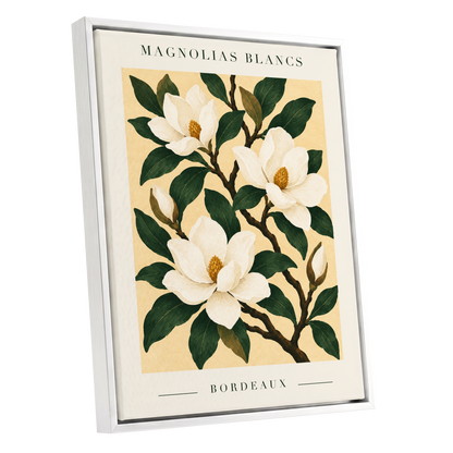 Magnolias of Bordeaux, green, white, beige floral wall art shown as a white framed canvas wall art