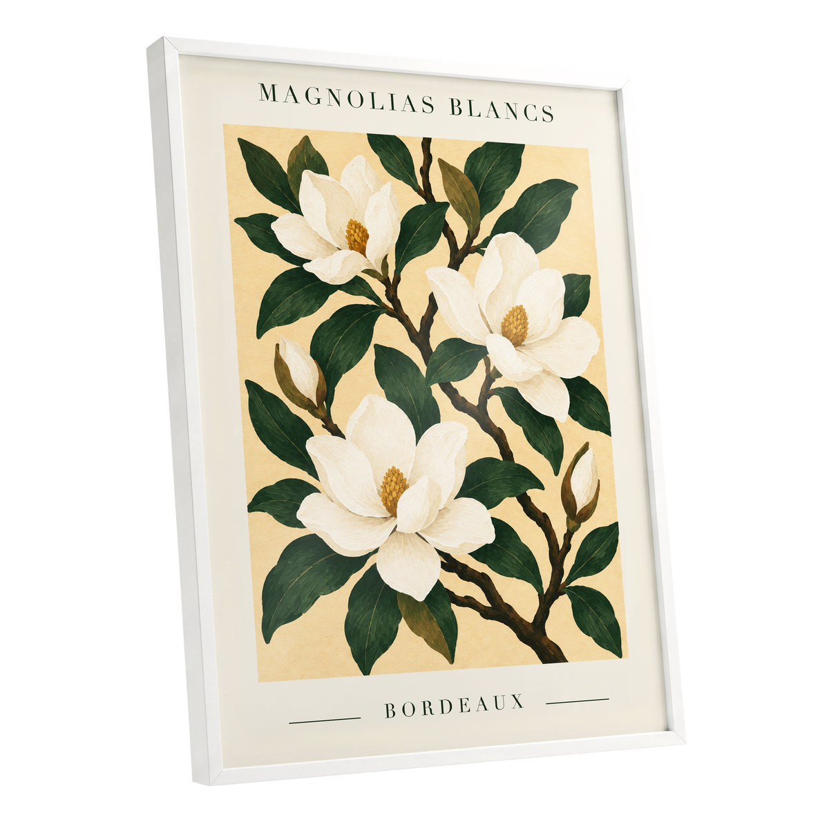 Magnolias of Bordeaux, green, white, beige floral wall art shown as a white framed poster wall art print