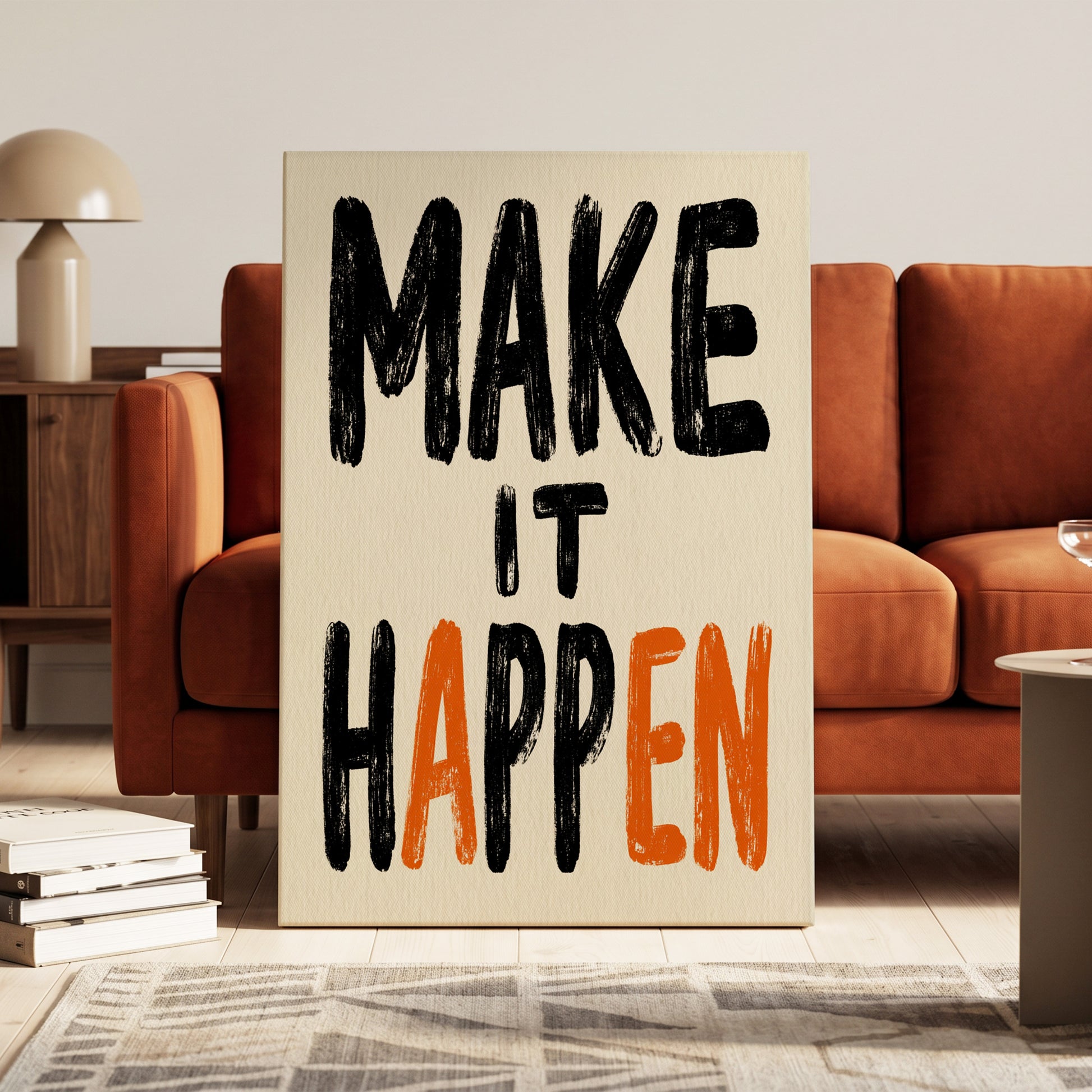 Make It Happen, black, beige, orange minimalist wall art on canvas displayed in a styled interior, gallery view 1