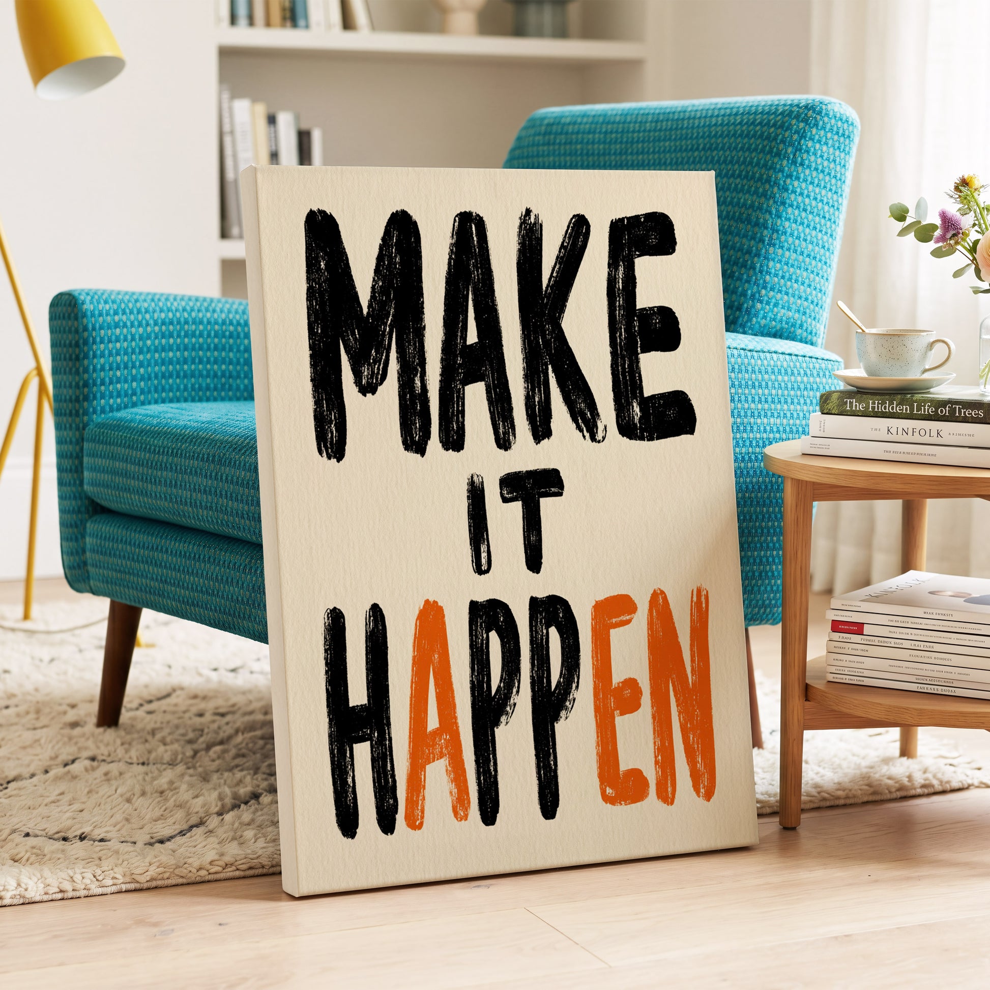 Make It Happen, black, beige, orange minimalist wall art on canvas displayed in a styled interior, gallery view 2