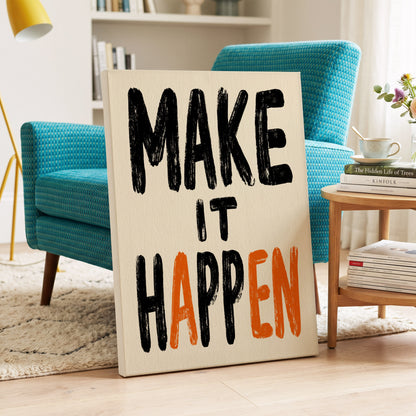Make It Happen, black, beige, orange minimalist wall art on canvas displayed in a styled interior, gallery view 2
