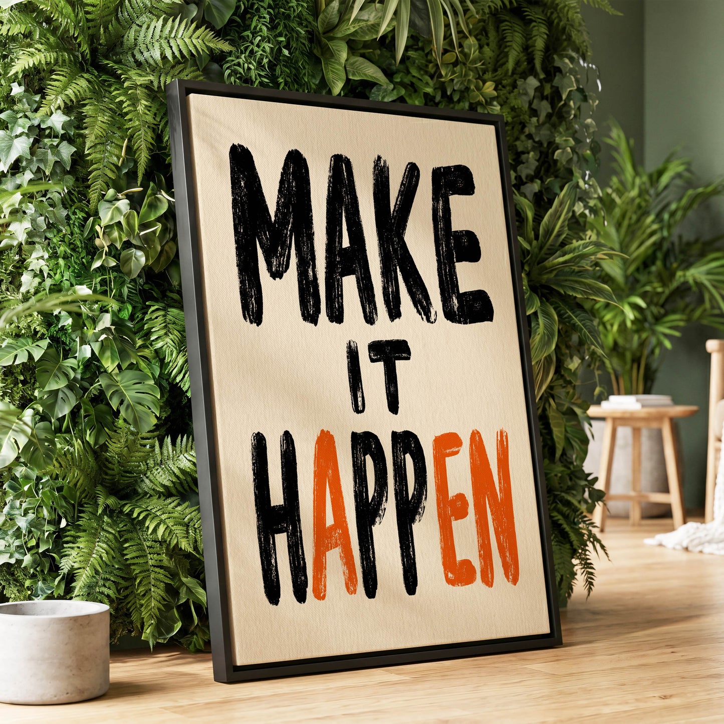 Make It Happen, black, beige, orange minimalist wall art displayed in a styled interior, gallery view 1