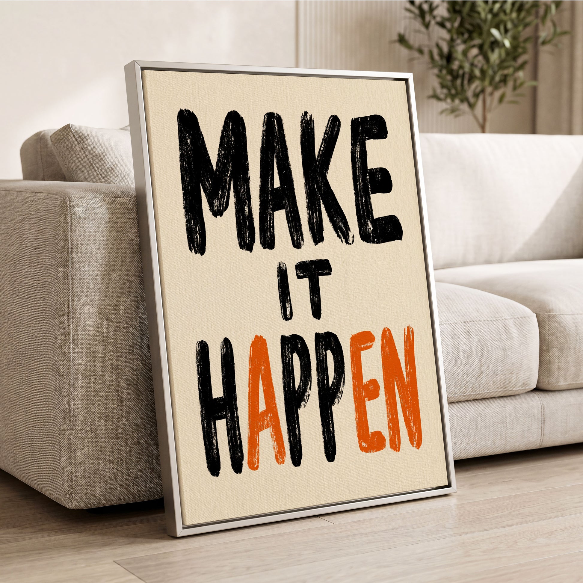 Make It Happen, black, beige, orange minimalist wall art displayed in a styled interior, gallery view 2