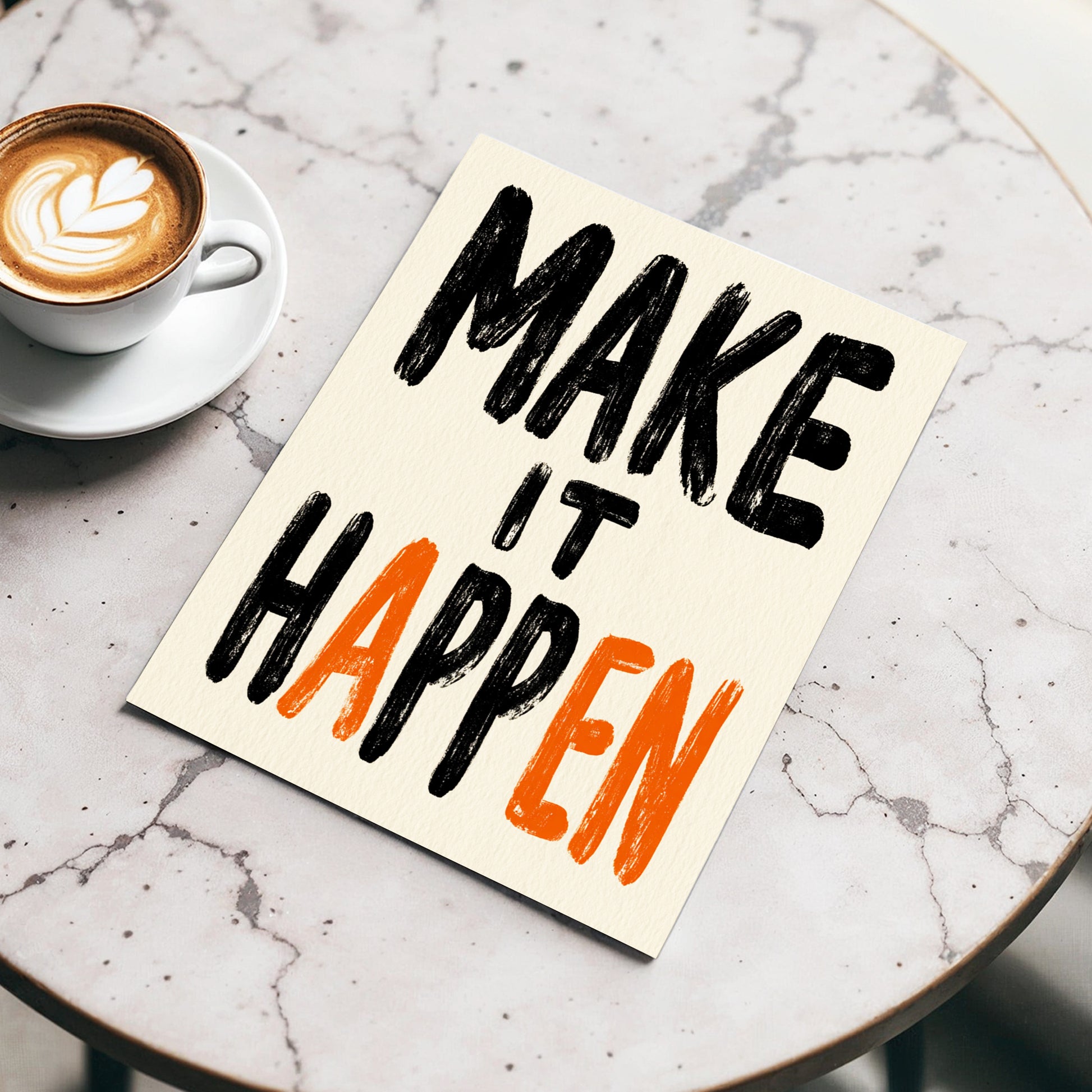 Make It Happen, black, beige, orange minimalist wall art displayed in a styled interior, gallery view 3