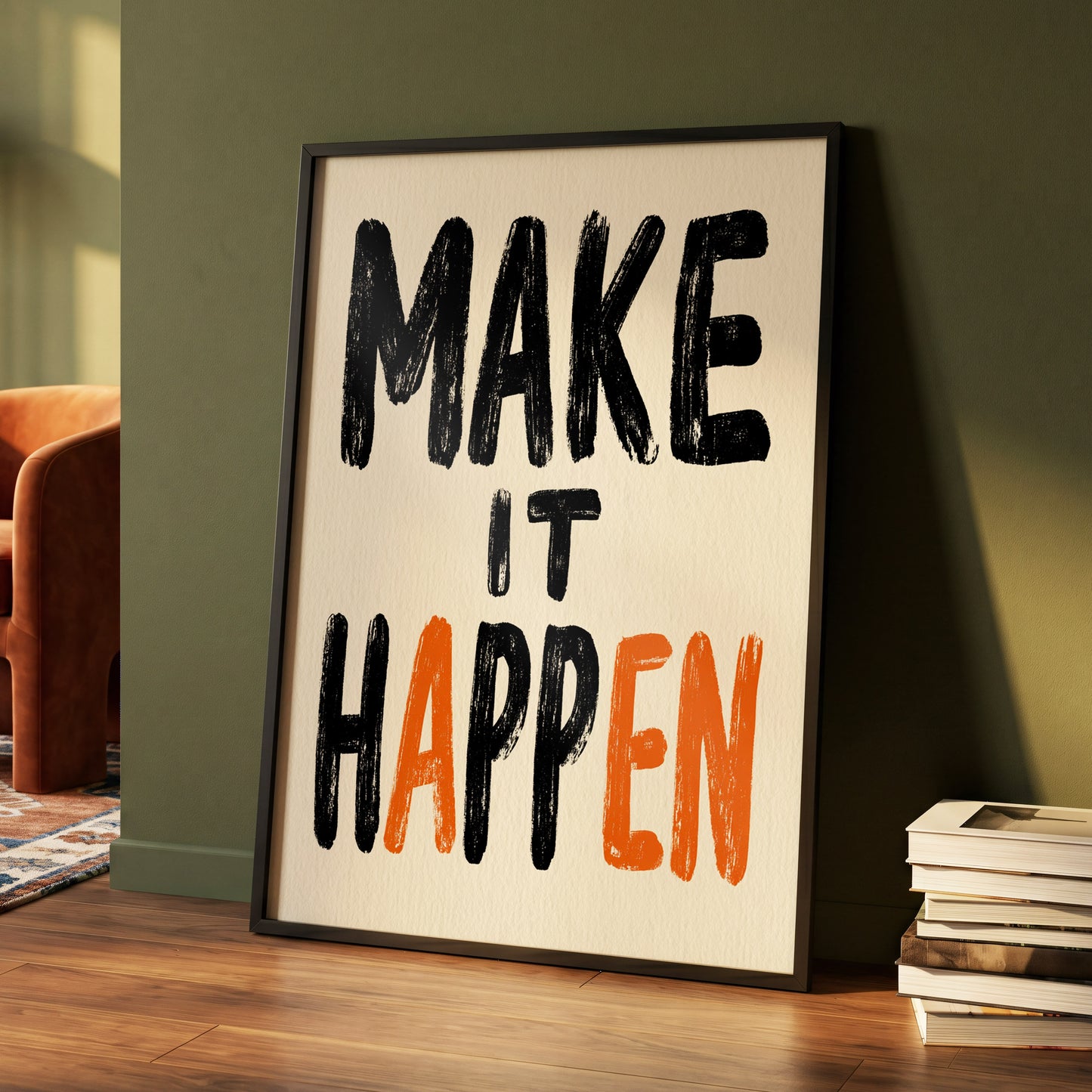 Make It Happen, black, beige, orange minimalist wall art displayed in a styled interior, gallery view 4