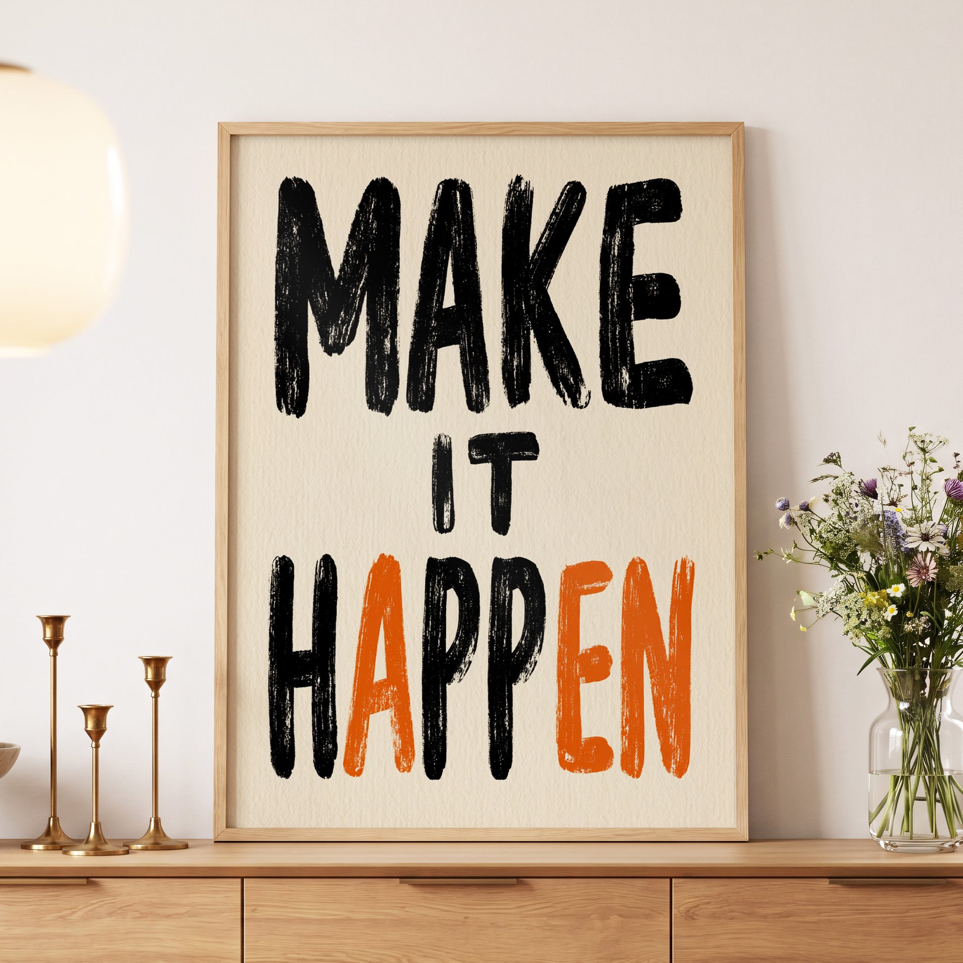 Make It Happen, black, beige, orange minimalist wall art displayed in a styled interior, gallery view 5