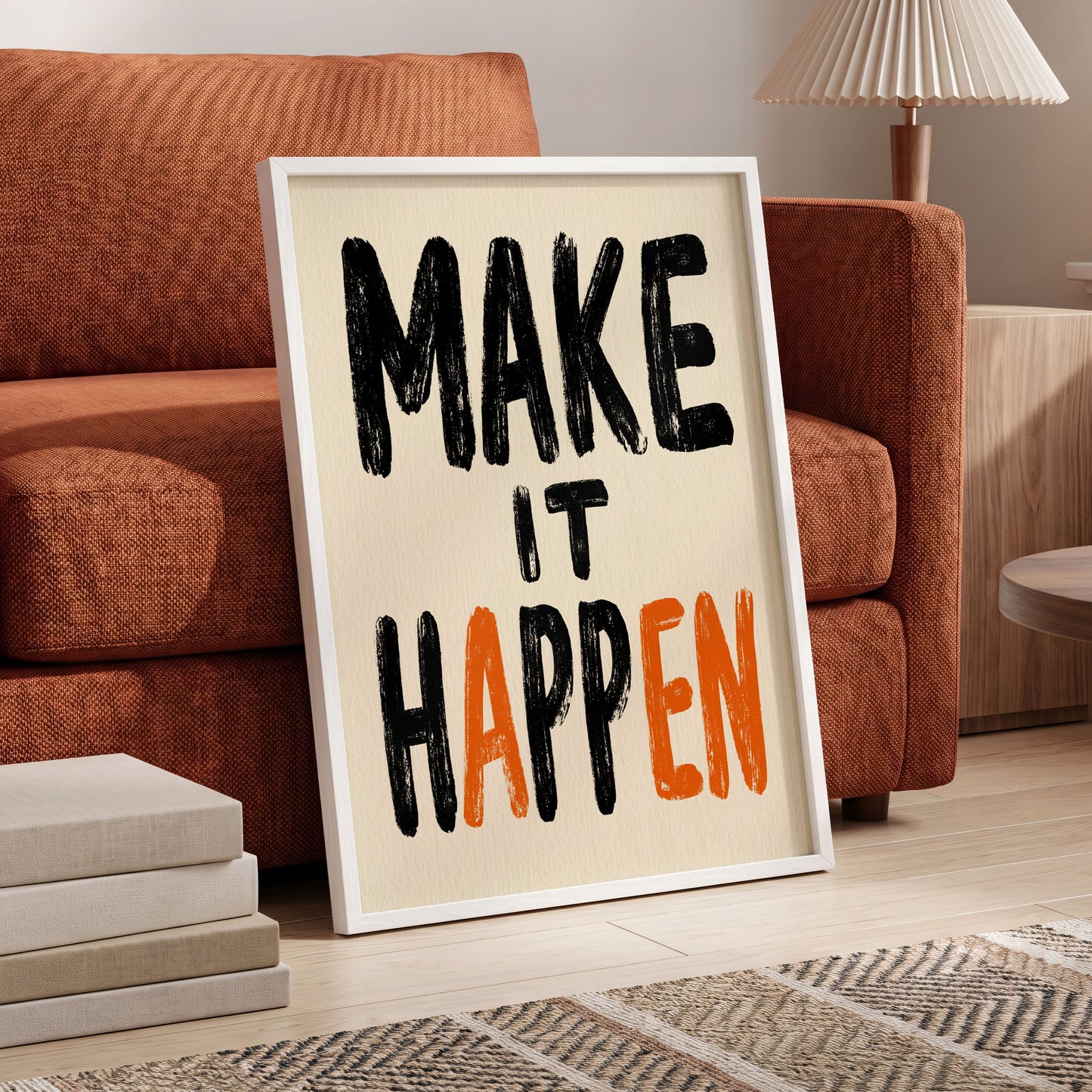 Make It Happen, black, beige, orange minimalist wall art displayed in a styled interior, gallery view 6