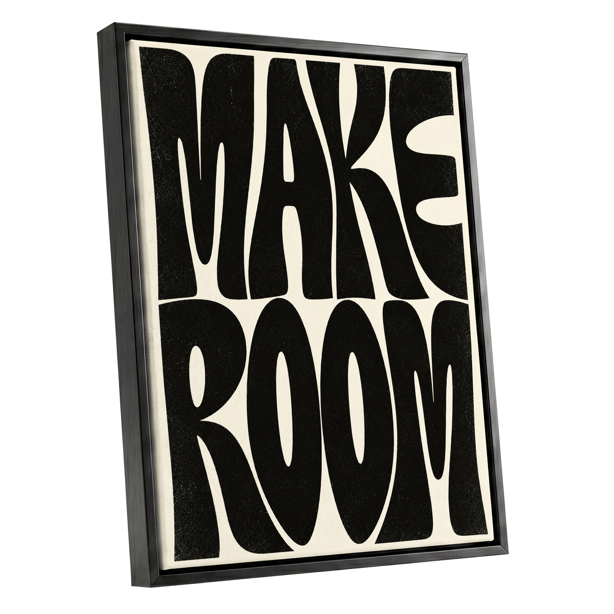 Make Room, black, beige minimalist wall art shown as a black framed canvas wall art