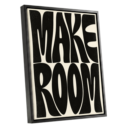 Make Room, black, beige minimalist wall art shown as a black framed canvas wall art