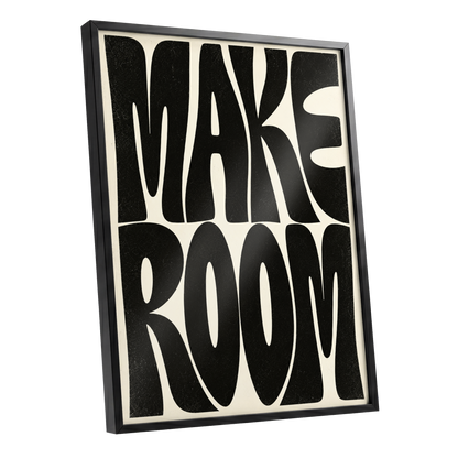Make Room, black, beige minimalist wall art shown as a black framed poster wall art print