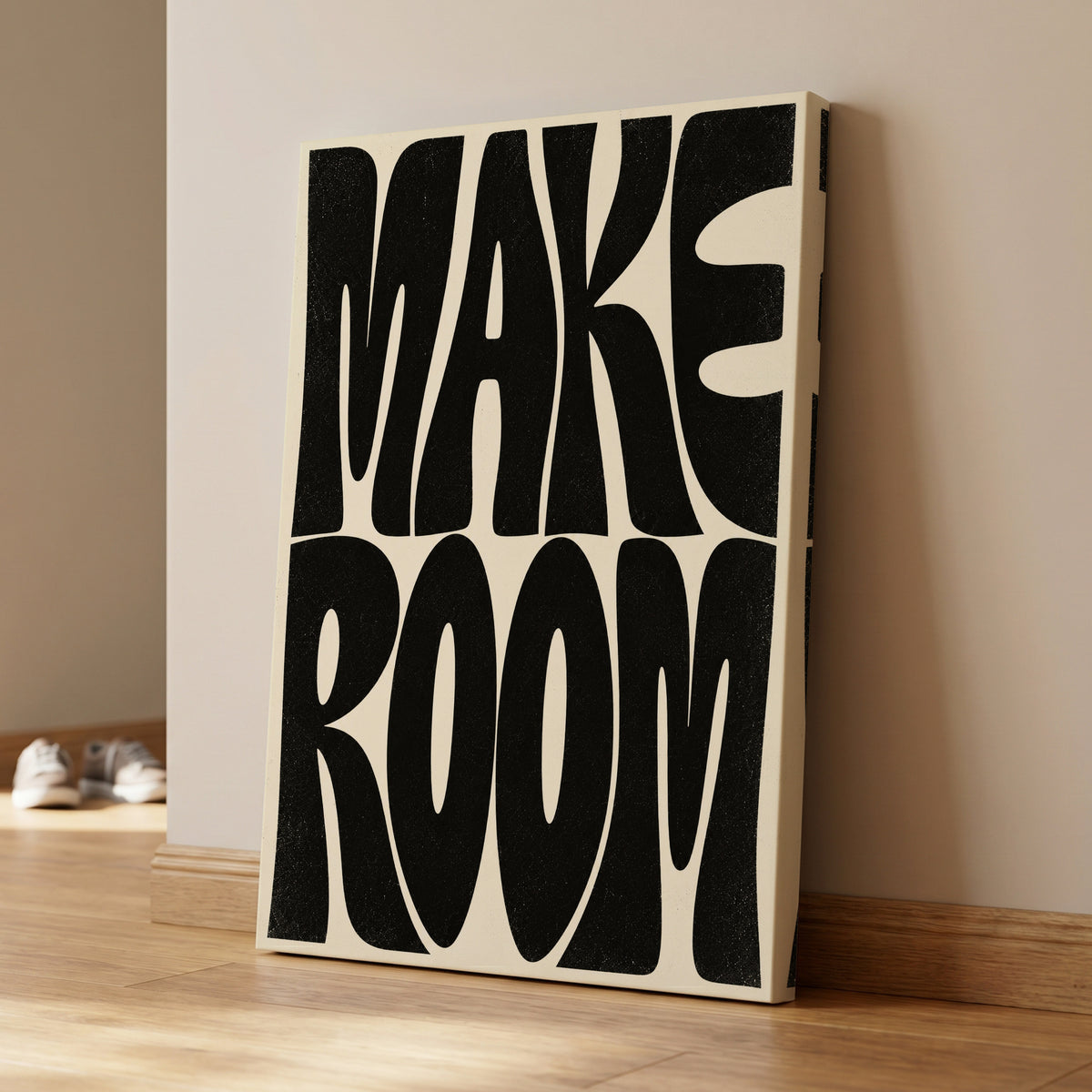 Make Room, black, beige minimalist wall art on canvas displayed in a styled interior, gallery view 1