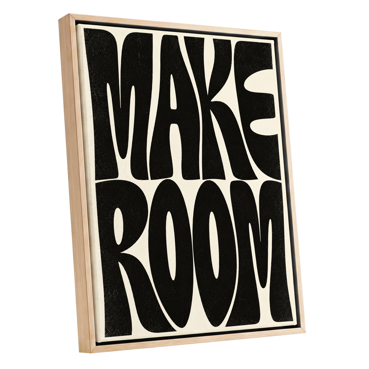 Make Room, black, beige minimalist wall art shown as a oak framed canvas wall art