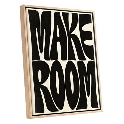 Make Room, black, beige minimalist wall art shown as a oak framed canvas wall art