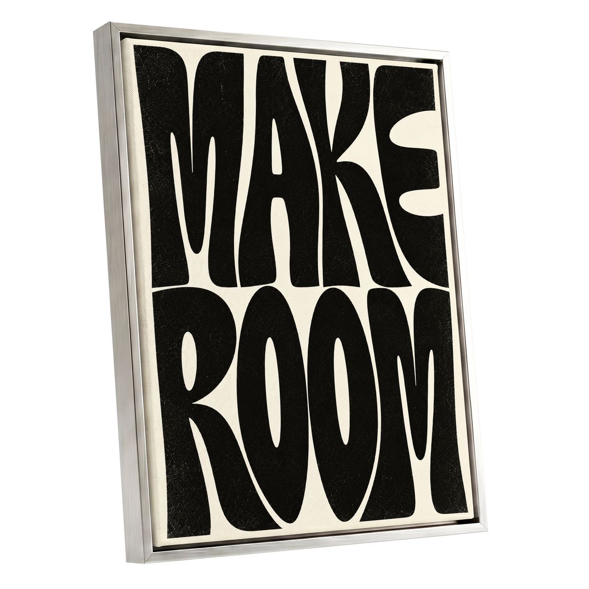 Make Room, black, beige minimalist wall art shown as a silver framed canvas wall art