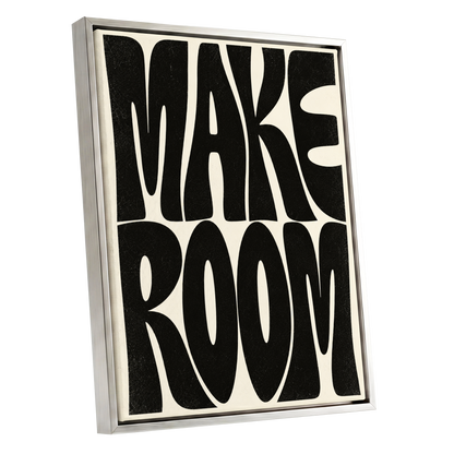 Make Room, black, beige minimalist wall art shown as a silver framed canvas wall art