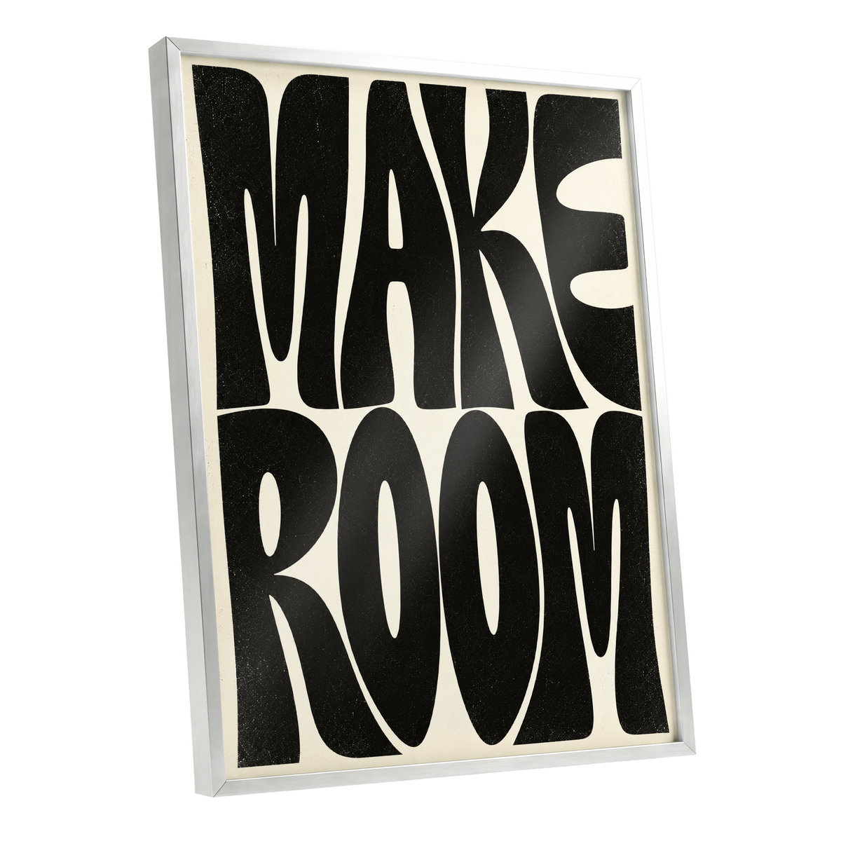 Make Room, black, beige minimalist wall art shown as a silver framed poster wall art print