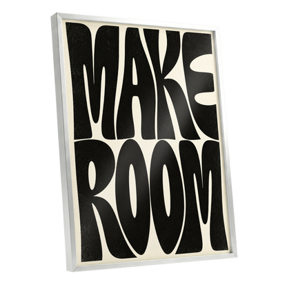 Make Room, black, beige minimalist wall art shown as a silver framed poster wall art print