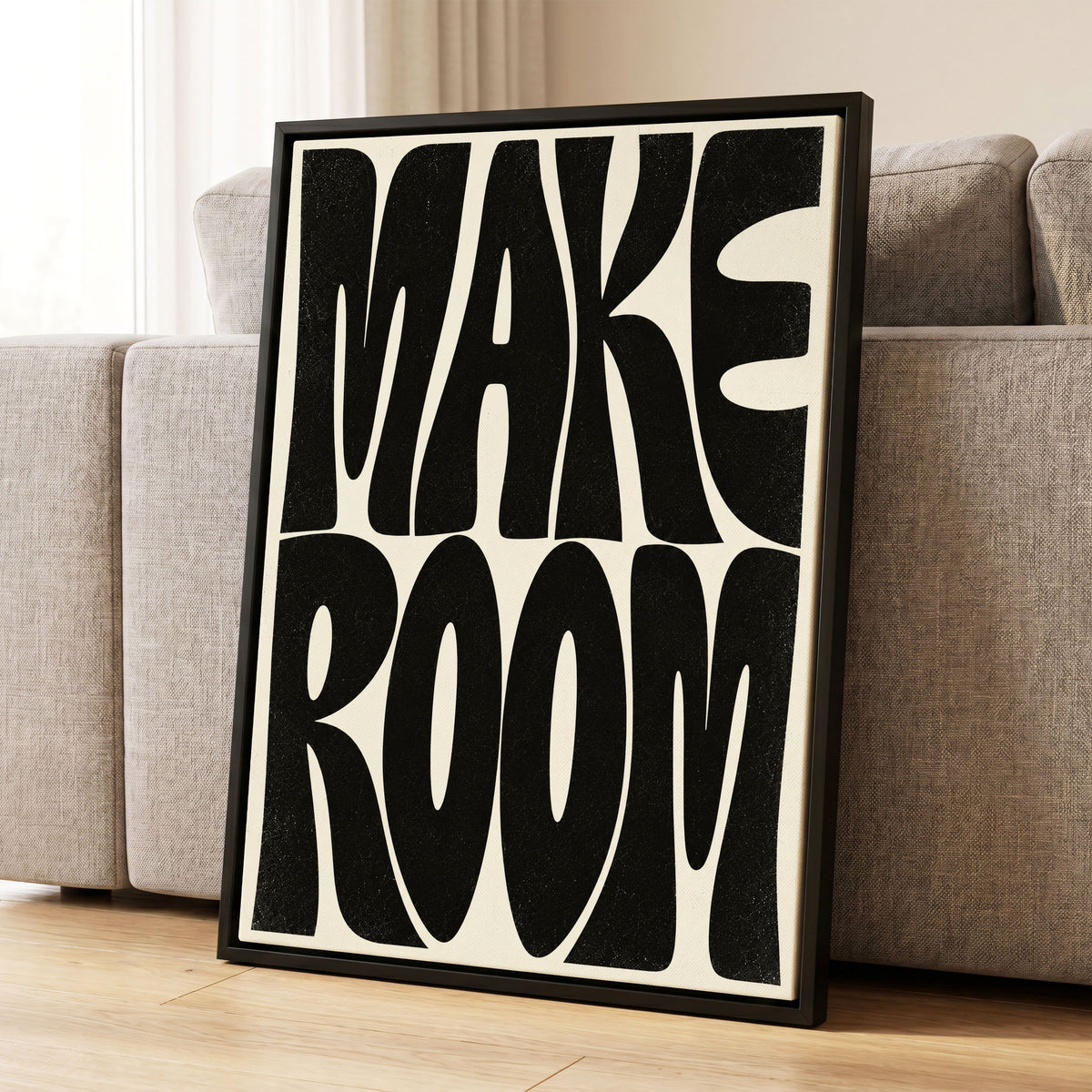 Make Room, black, beige minimalist wall art displayed in a styled interior, gallery view 1