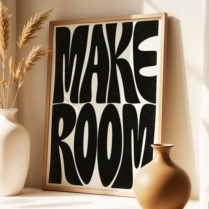 Make Room, black, beige minimalist wall art displayed in a styled interior, gallery view 2