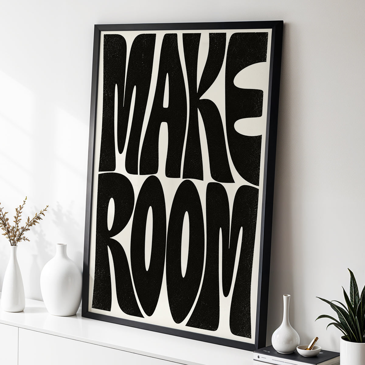 Make Room, black, beige minimalist wall art displayed in a styled interior, gallery view 3