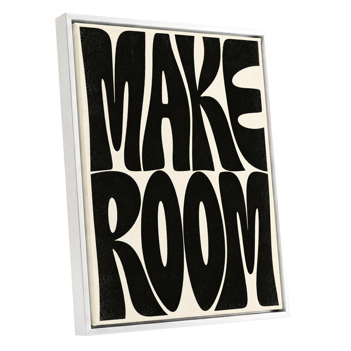 Make Room, black, beige minimalist wall art shown as a white framed canvas wall art