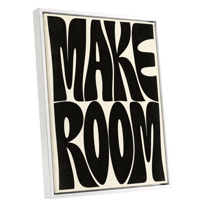 Make Room, black, beige minimalist wall art shown as a white framed canvas wall art
