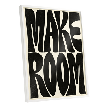 Make Room, black, beige minimalist wall art shown as a white framed poster wall art print