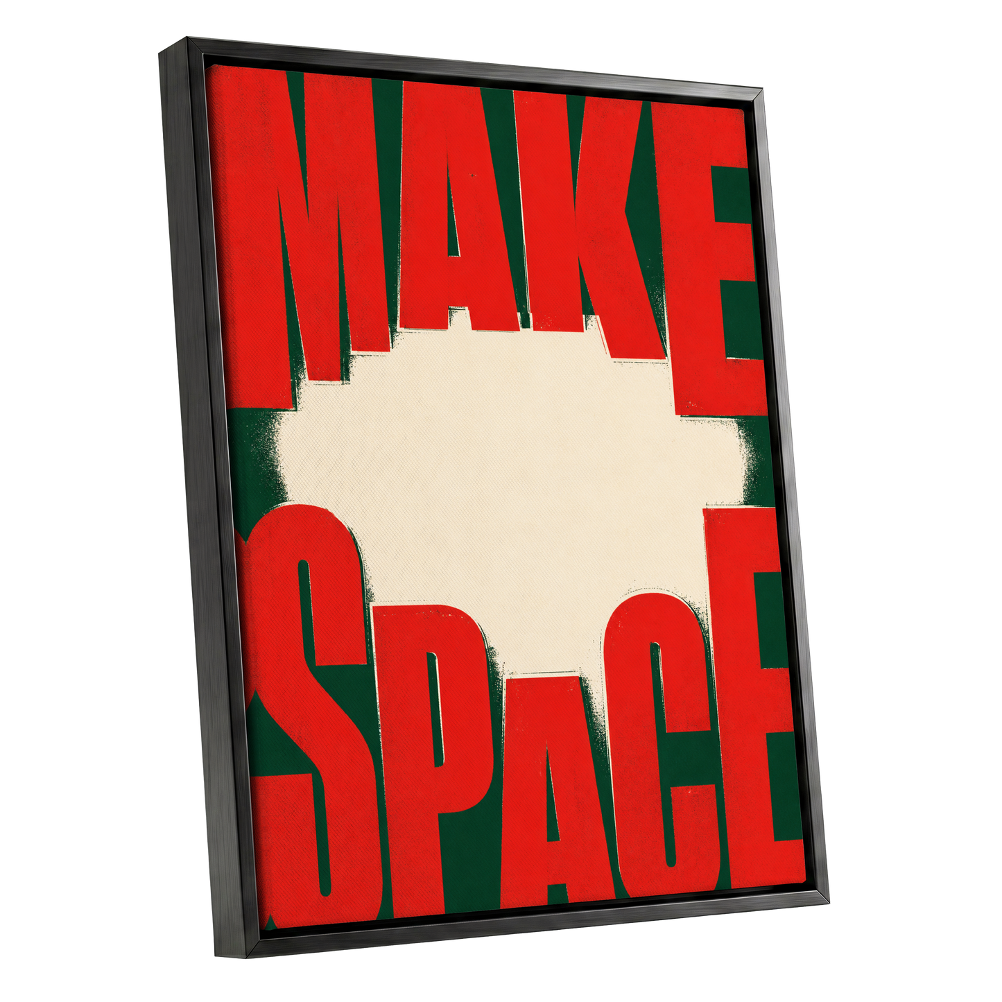 Make Space, Make Impact, red, green, beige minimalist wall art shown as a black framed canvas wall art