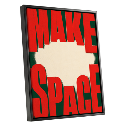 Make Space, Make Impact, red, green, beige minimalist wall art shown as a black framed canvas wall art