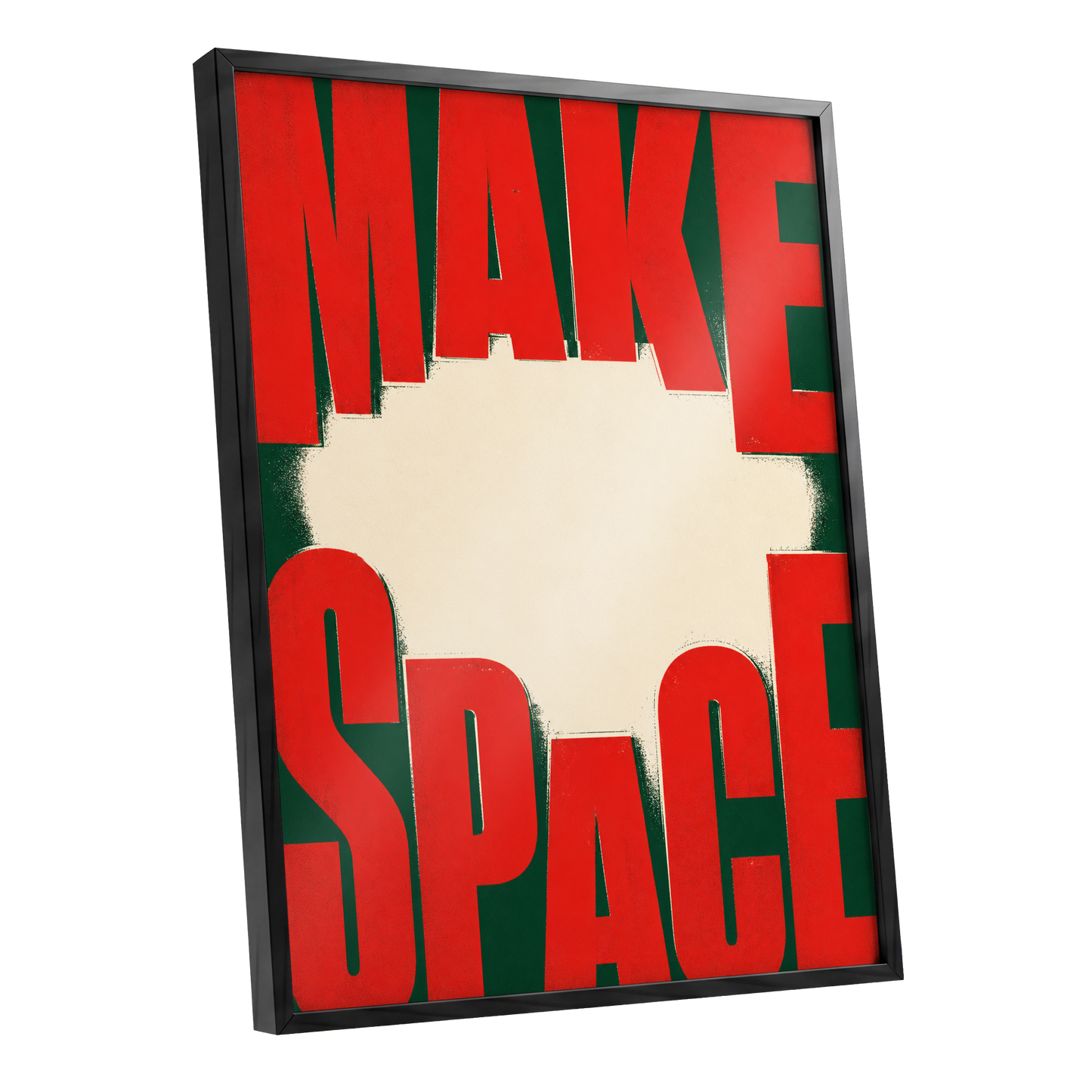 Make Space, Make Impact, red, green, beige minimalist wall art shown as a black framed poster wall art print