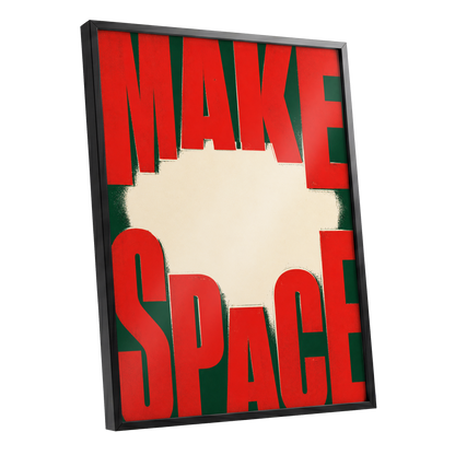 Make Space, Make Impact, red, green, beige minimalist wall art shown as a black framed poster wall art print